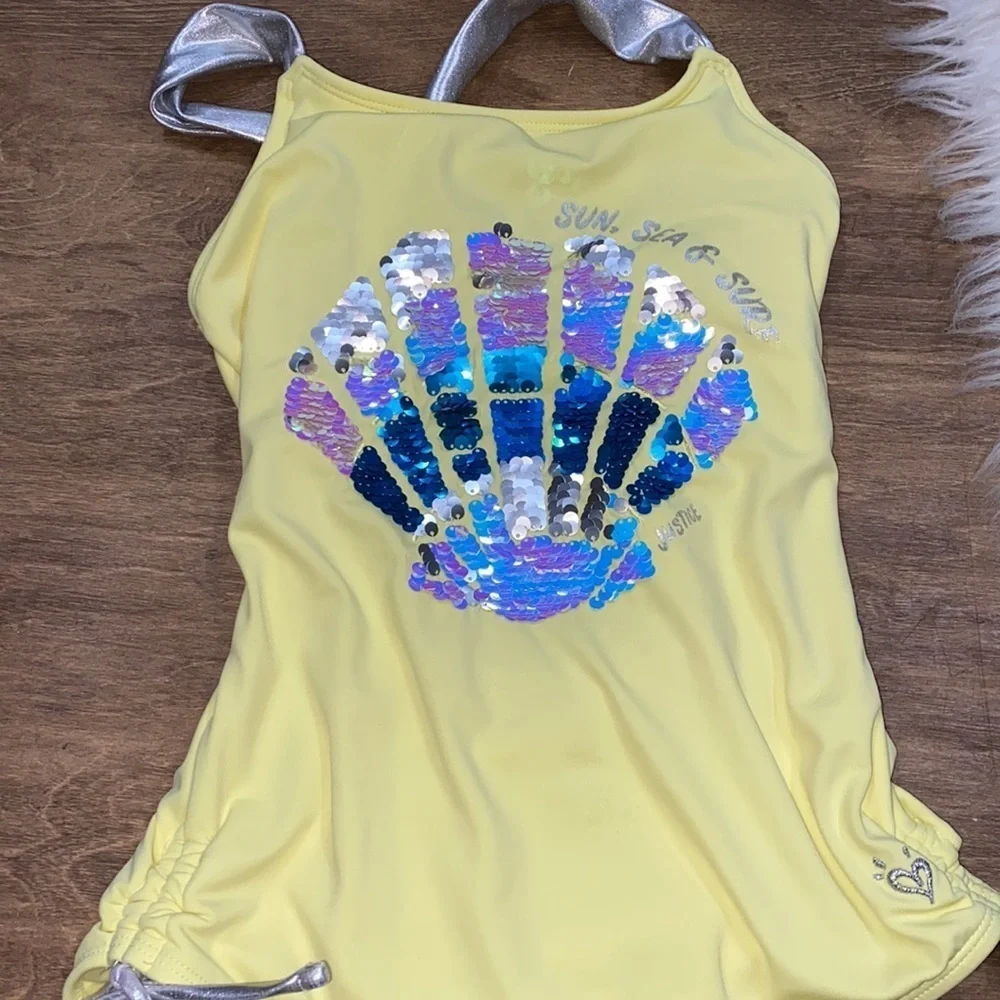 Justice yellow one piece swimsuit sequin shell Sun sea and surf size 16